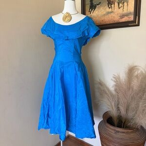 Vintage Bright Blue Off-Shoulder Midi Dress